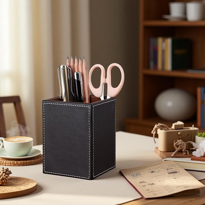 KINGFOM PU Leather Square Pens Pencils Holder Cup Desktop Stationery Organizer - Image 7