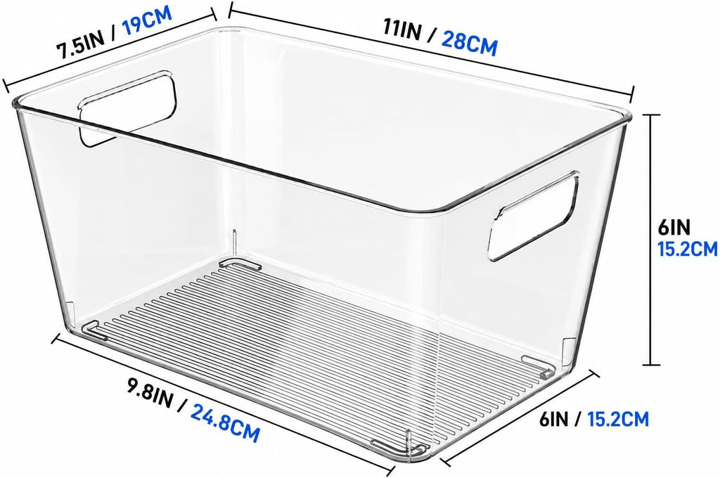6 Pack Clear Plastic Storage Bins with Handles, 11" Pantry Organizers