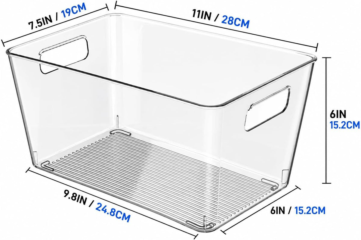 6 Pack Clear Plastic Storage Bins with Handles, 11" Pantry Organizers