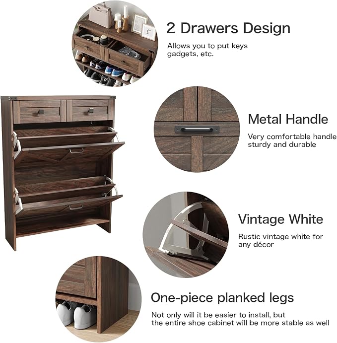 Shoe Cabinet with 2 Flip Drawers & 2 Drawers, Farmhouse Shoe Storage Cabinet - Image 3