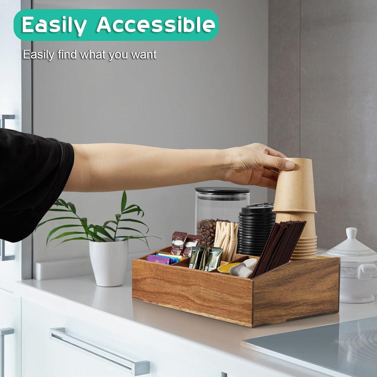 ALELION Acacia Wood Coffee Station Organizer for Countertop - 7