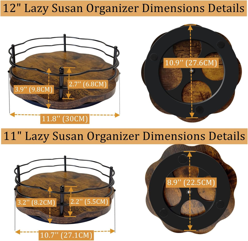 2 Pack, 11" & 12" Wooden Lazy Susan Turntable with Higher Metal Sides