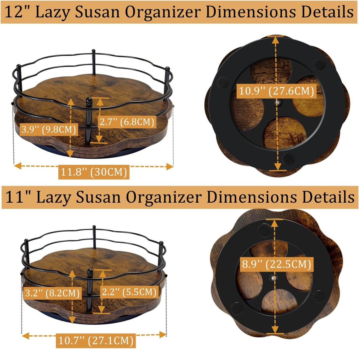 2 Pack, 11" & 12" Wooden Lazy Susan Turntable with Higher Metal Sides
