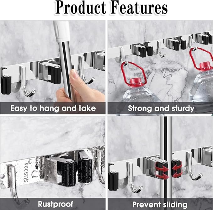 2 Pack Mop and Broom Holder Wall Mount, 5 Racks and 4 Hooks Broom Organizer - Image 2