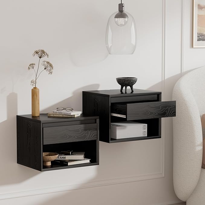 Mid Century Modern Floating Nightstand Set of 2, Wall Mounted End Table by MoomJiee