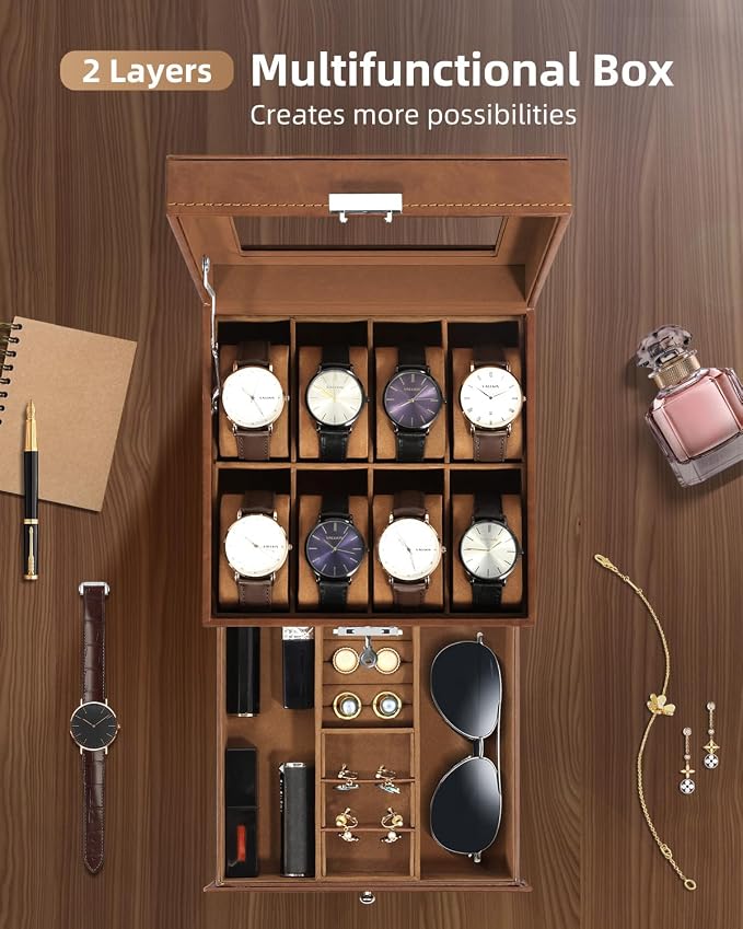 Uten 8-Slot Watch Box, 2-Layers PU Leather Watch Case - Image 2