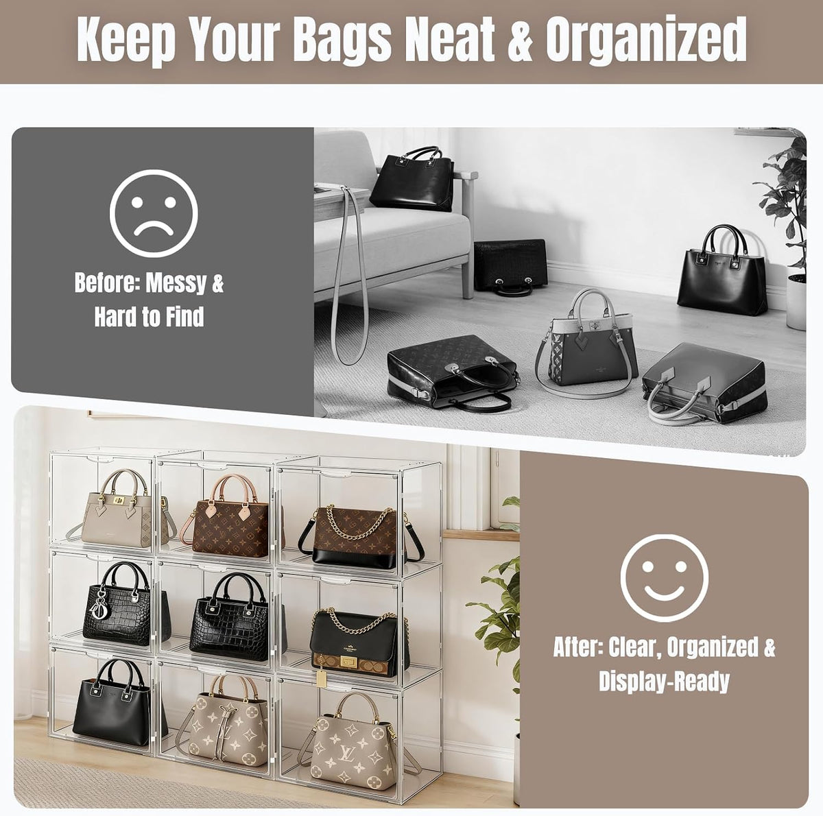 3 Pack Acrylic Purse Storage Organizer for Closet, Stackable