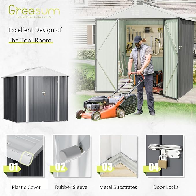 Greesum 6x4FT Outdoor Storage Shed, Utility Tool Shed Metal Storage Garden Shed - Image 6