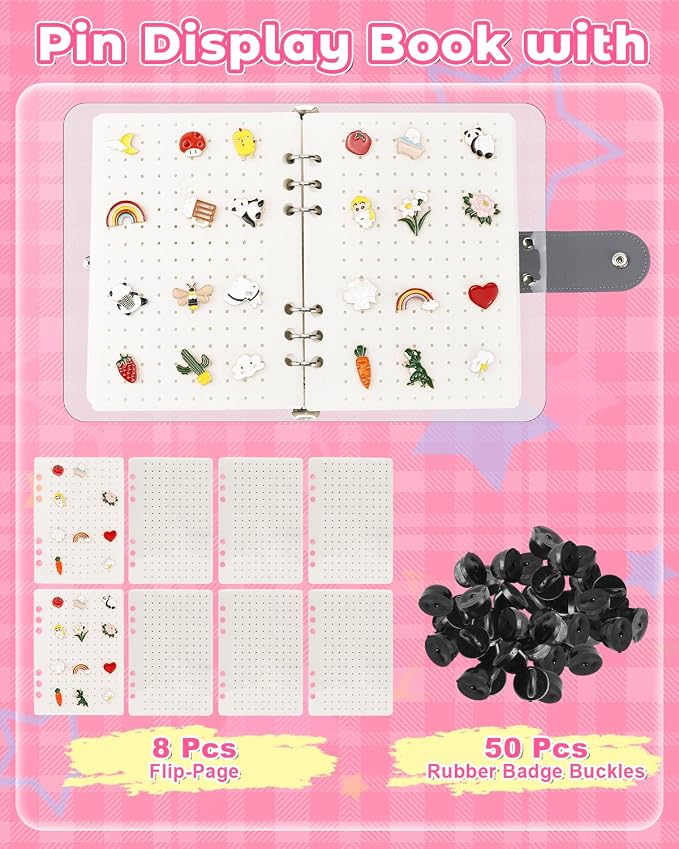 UCEC White Enamel Pin Display Book & 50 PCS Pin Backs, A5 Binder Album - Image 2