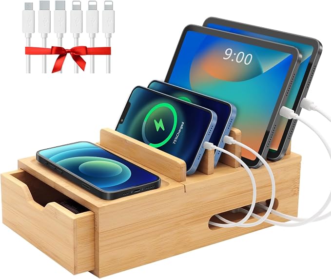Bamboo Charging Station for Multiple Devices, Desk Charging Organizer by LEOKKARR