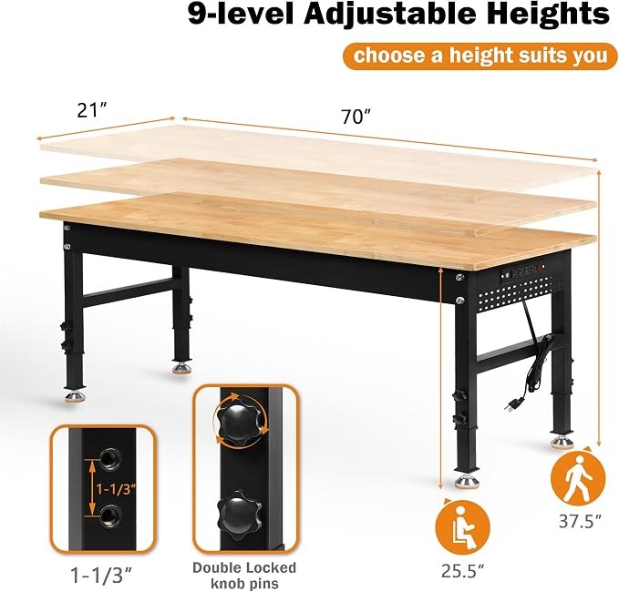 Betterhood 70" Adjustable Height Workbench, 2000 LBS Heavy Duty Work Table - Image 3