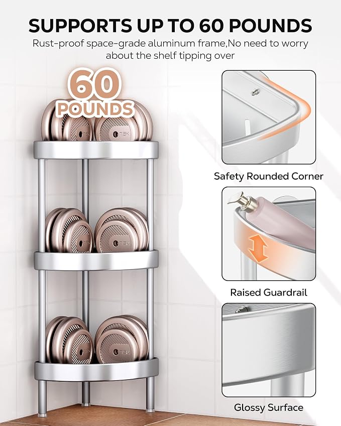 Nieifi Corner Shower Caddy Stand-3 Tier Rustproof Anodized Aluminum Standing - Image 7