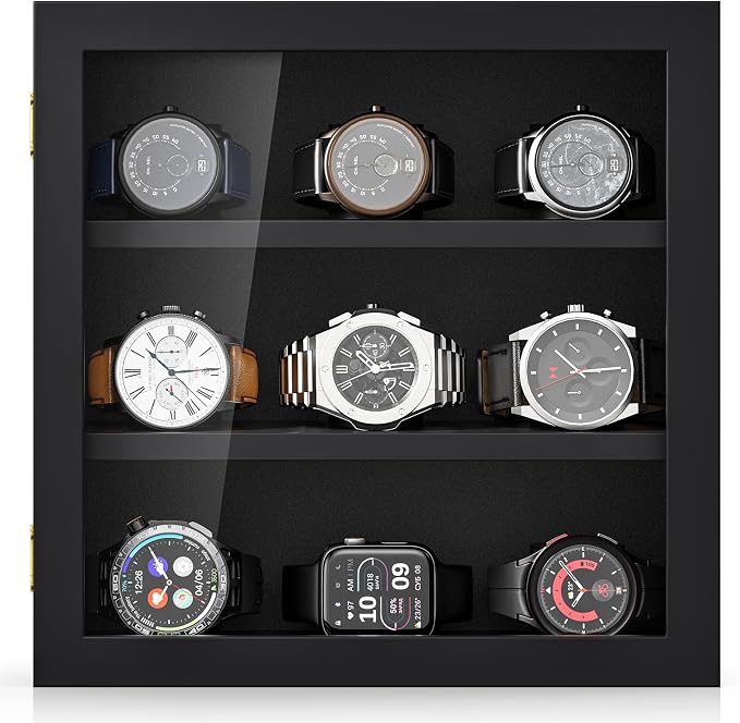 TJ.MOREE 9-Slot Watch Display Case, Wall Mount Wooden Watch Box, Vertical - Image 3