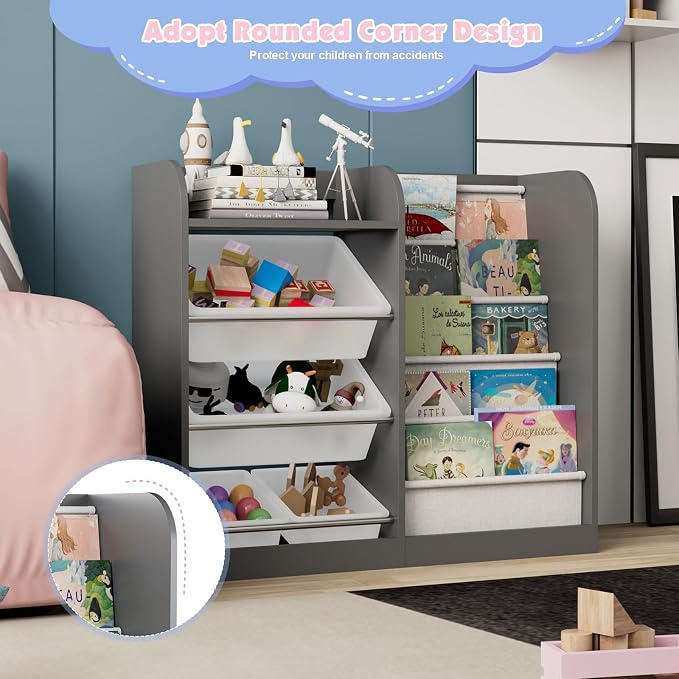 Grey Kids Wood Bookshelf Toy Storage Box Organizer Shelf W/4 Removable Plastic - Image 7