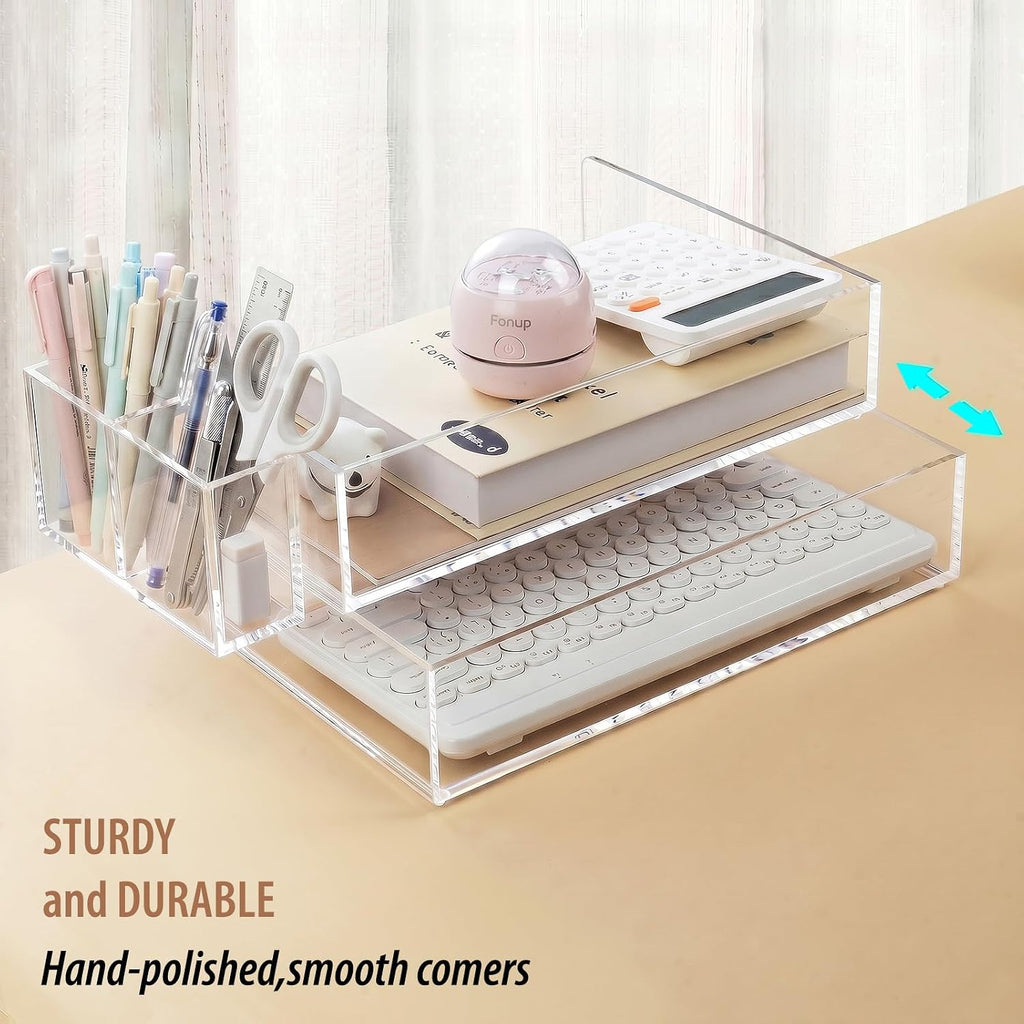 Acrylic Paper Tray Organizer for Desk, 2 Pack Clear with Pen Holder