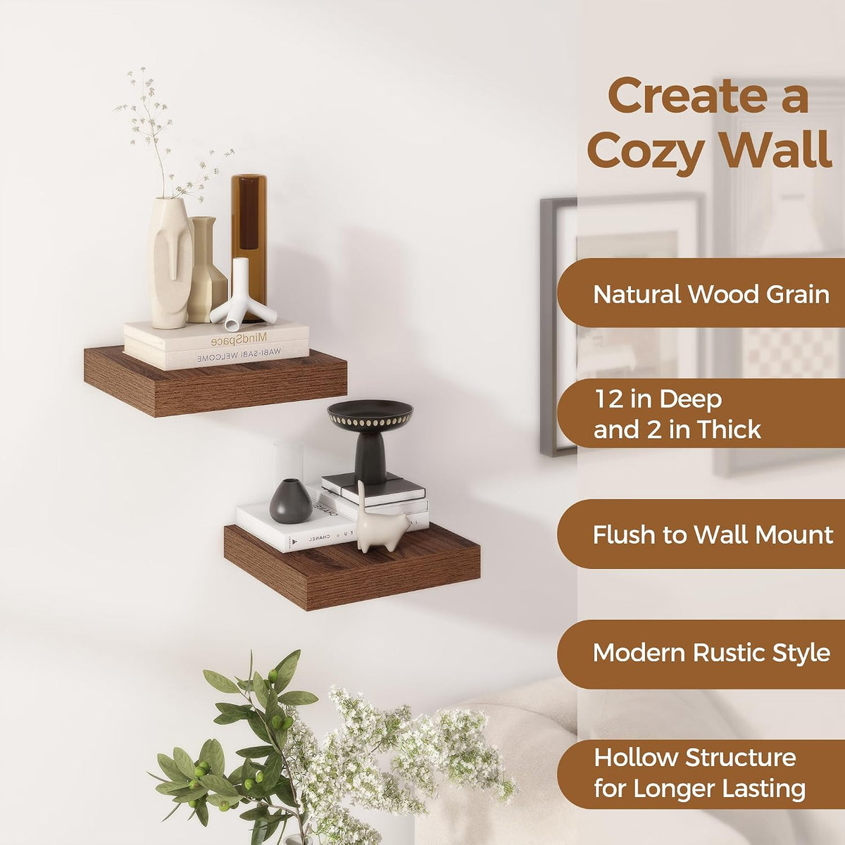12 Inch Floating Shelf, Rustic Wood Wall Shelves for Wall Decor &
