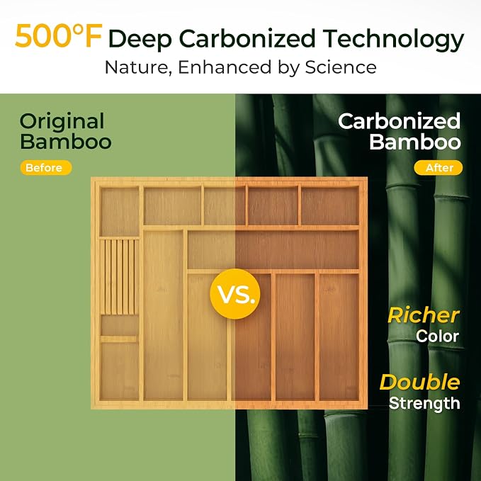 Carbonized Large Bamboo Kitchen Drawer Organizer, 12 Slots Expandable - Image 4