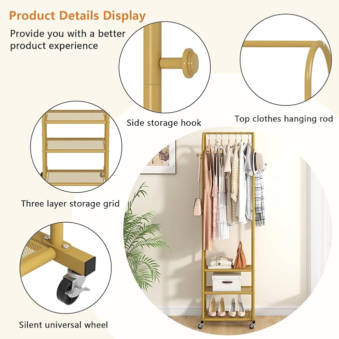 Heavy Duty Clothing Rack with Wheels, Modern Garment Rack with 3 Metal Shelves - Image 3