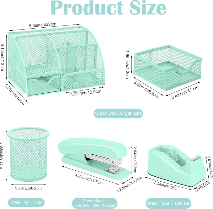 Green Desk Organizers and Accessories, Teal Office Supplies Set Green Mesh Desk - Image 2