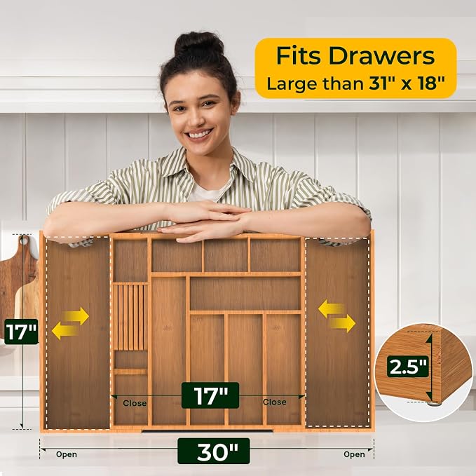 Carbonized Large Bamboo Kitchen Drawer Organizer, 12 Slots Expandable - Image 5