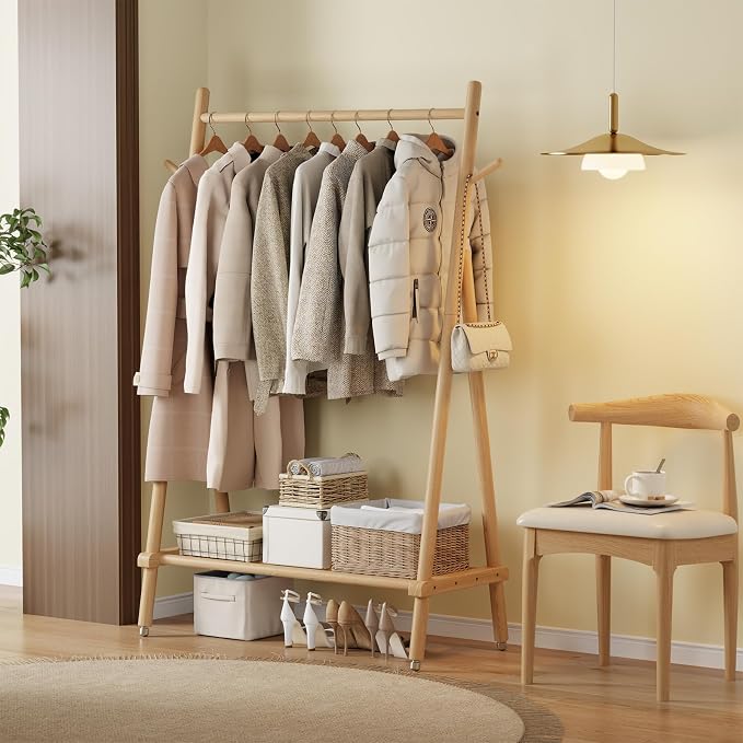 Solid Wood Clothing Rack, Rolling Clothes Rack - Image 9