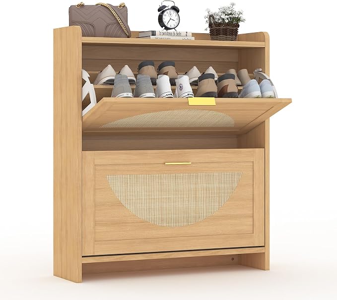Rattan Shoe Cabinet with 2 Flip Drawers, Natural Wood Shoe Storage Cabinet - Image 8