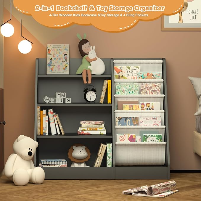 4 Tier Kids Bookshelf Wooden, Five Layer Sling Children Bookcase, Baby Toddler - Image 5