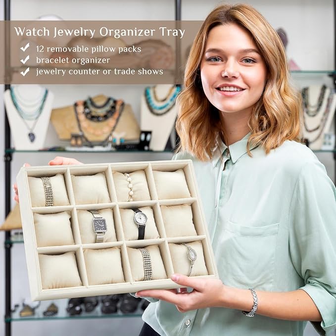 Henoyso 2 Pieces 12 Grid Velvet Watch Tray Jewelry Organizer Stackable Watch - Image 4