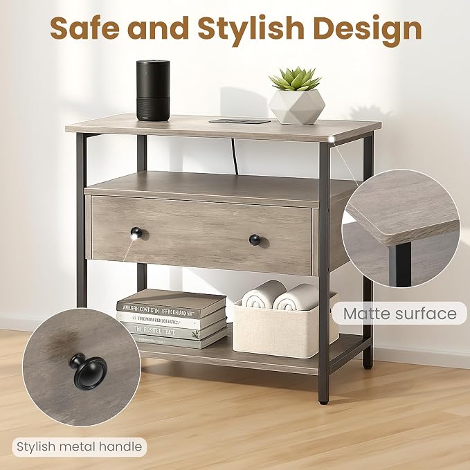 27 Inch Wide Night Stand with Charging Station, Wood Nightstand with Open Shelf - Image 6