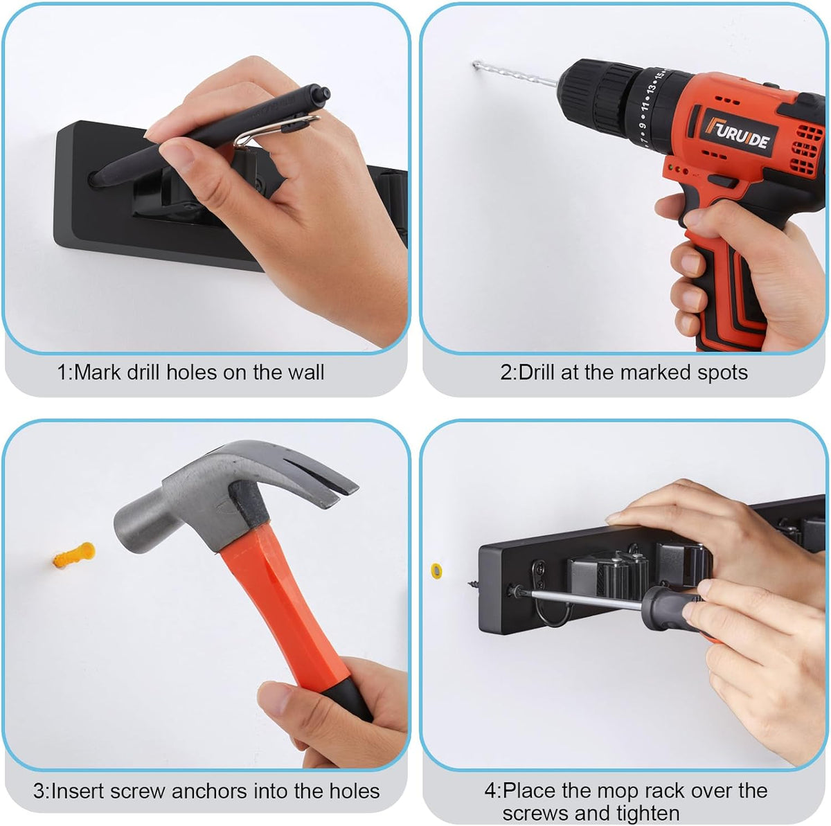 Black Broom Holder Wall Mount - Heavy Duty Wood Mop and Broom