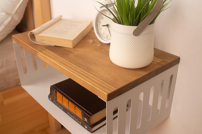 Floating Nightstand with White Metal Base, Wooden Top and Sturdy Metal Base - Image 3