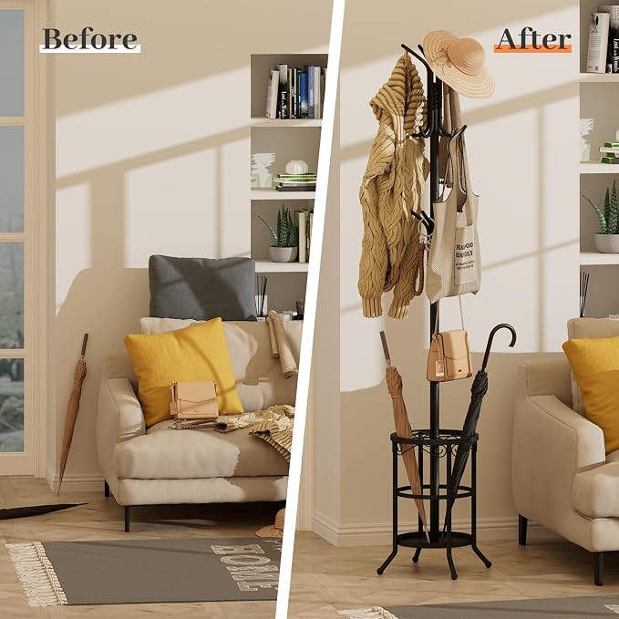 Coat Rack Freestanding with Umbrella Holder – Metal Hanger Stand, Hall Tree - Image 5