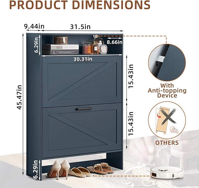 Shoe Storage Cabinet with 2 Flip Drawers, Farmhouse Narrow Shoe Organizer with - Image 2