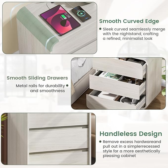 White Nightstand Set of 2 with Charging Station, 23.2" Wide Wood Bedside Table - Image 6
