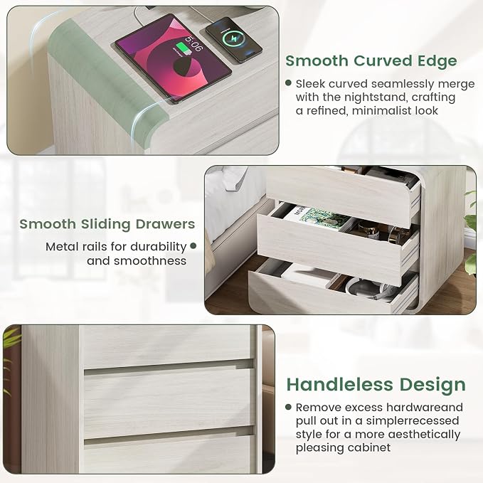 White Nightstand with Charging Station, Modern Curved End Table with 3 Storage - Image 7