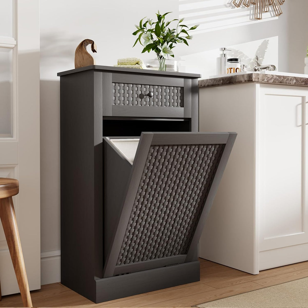 Tilt Out Laundry Hamper Cabinet, Rattan-Style Laundry Room