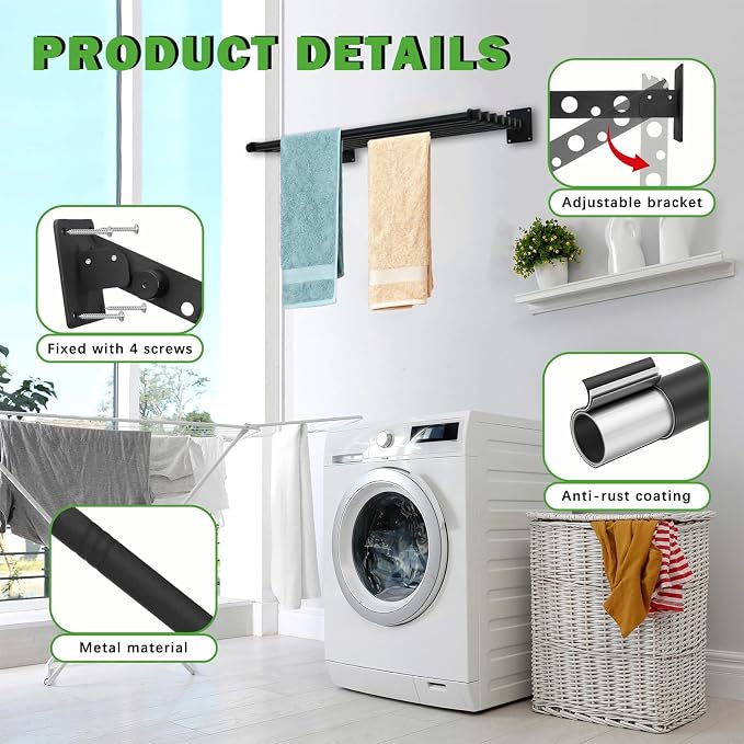 Wall Mounted Drying Rack, 28 Inches Wall Laundry Drying Rack Collapsible Indoor - Image 5