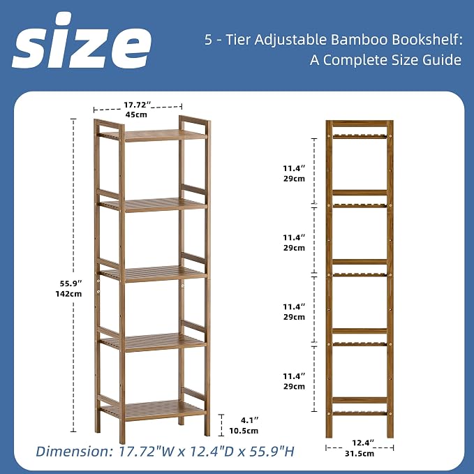 HITNET Bamboo Book Shelf, Tall Narrow Bookcase, Bathroom Shelving Unit 5 Tier - Image 3