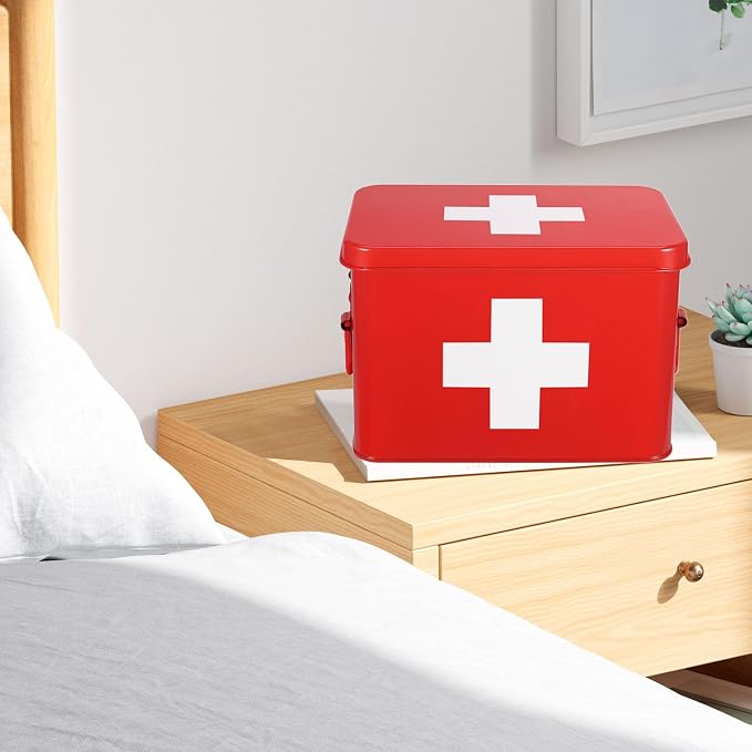 Flexzion First Aid Box Organizer, Empty 8.5 Inch Red Vintage First Aid Kit Tin - Image 6