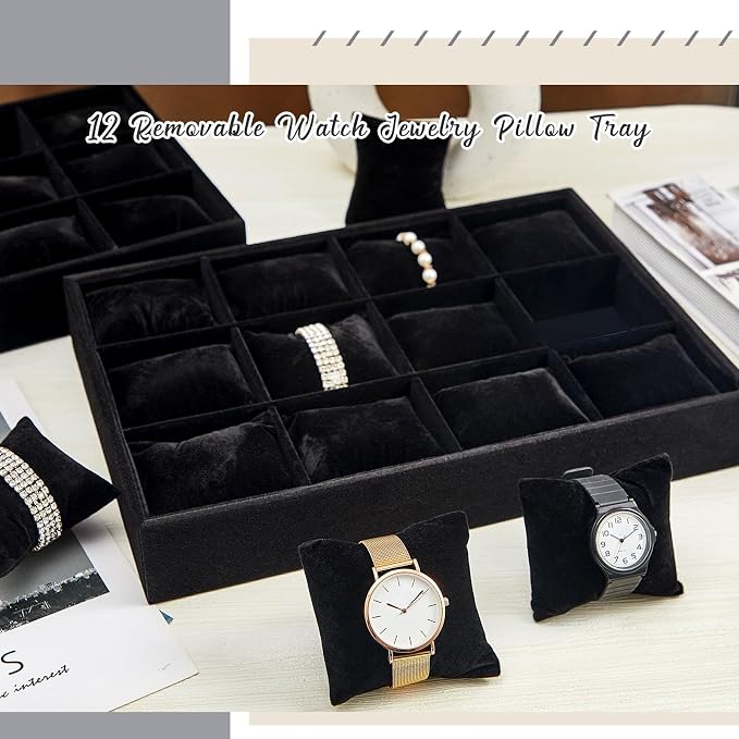 Henoyso 2 Pieces 12 Grid Velvet Watch Tray Jewelry Organizer Stackable Watch - Image 7