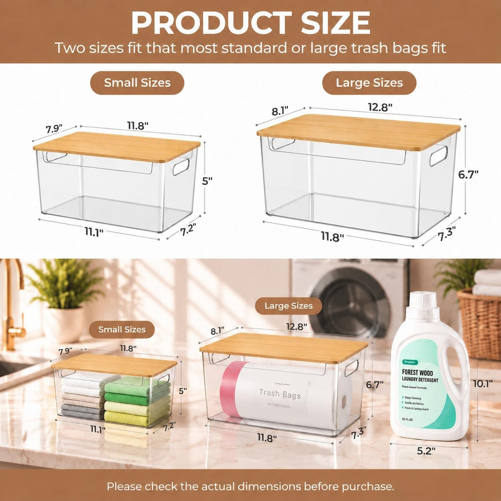 2 Pack Stackable Plastic Trash Bag Holder with Bamboo Lid Under Sink