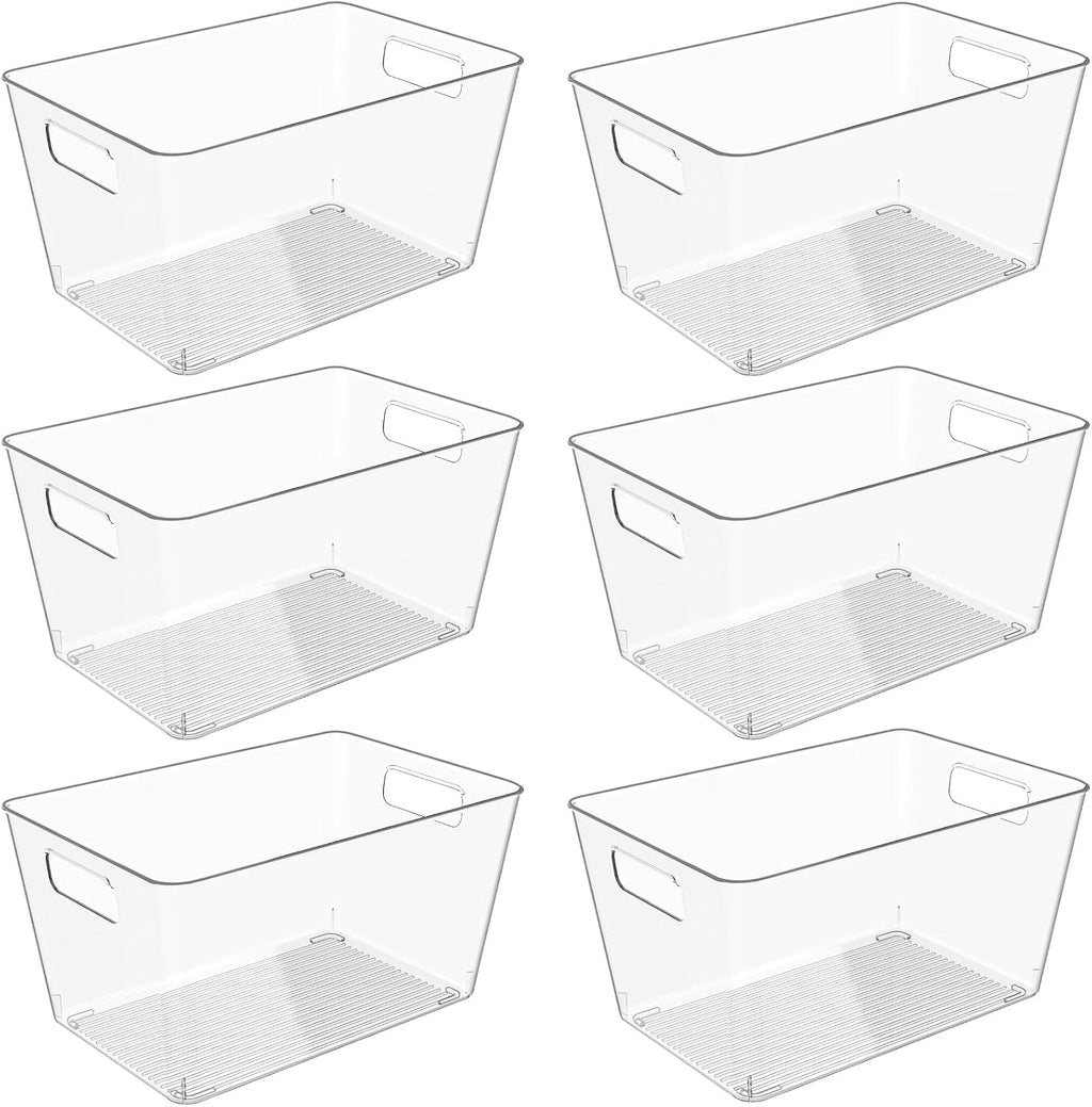 6 Pack Clear Plastic Storage Bins with Handles, 11" Pantry Organizers