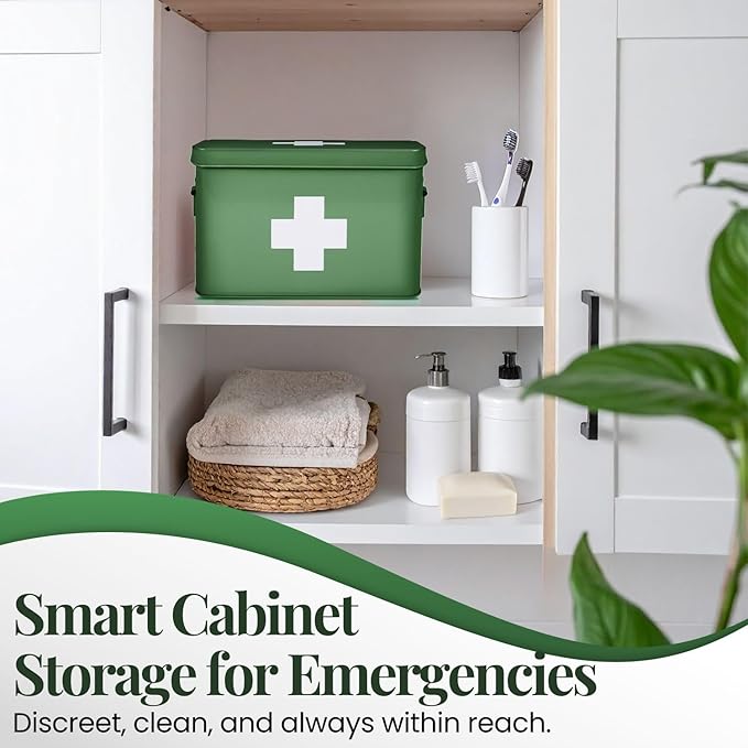 Flexzion First Aid Box Organizer Empty 13" Green Vintage First Aid Kit Tin - Image 3