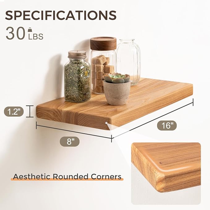 Fun Memories Rustic Solid Elm Wood Floating Shelves, 8 Inch Deep Wall Shelves - Image 3