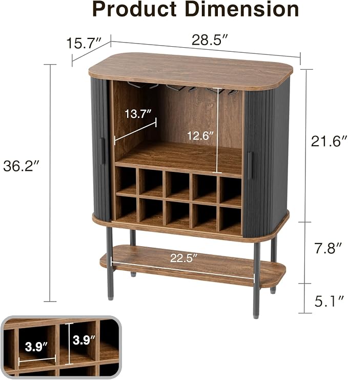 Black Coffee Bar Cabinet with Storage, Fluted Wine Liquor Cabinet with Sliding - Image 2