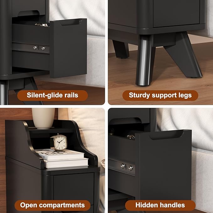 Narrow Nightstand with Drawers, Wood Night Stand with Charger Station, Narrow - Image 5