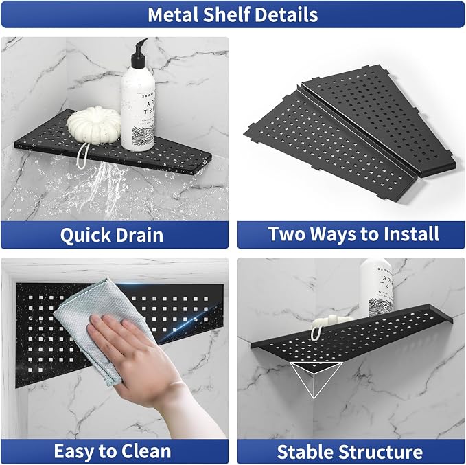 Corner Shower Shelf, Matte Black 12" Trapezoid Grout in Shampoo Shelf, 304 - Image 3