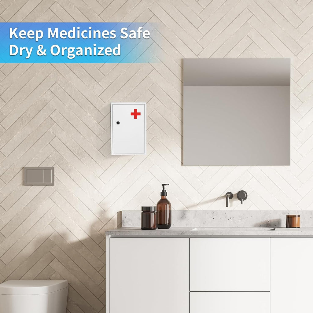 Wall Mount Locking Medicine Cabinet, Compact Steel First Aid Organizer