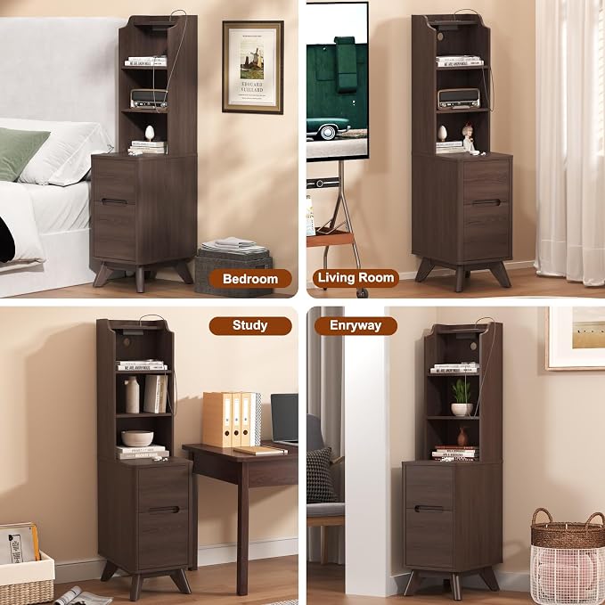 Tall Nightstand with Charging Station, Narrow Side Table with Bookshelf - Image 6