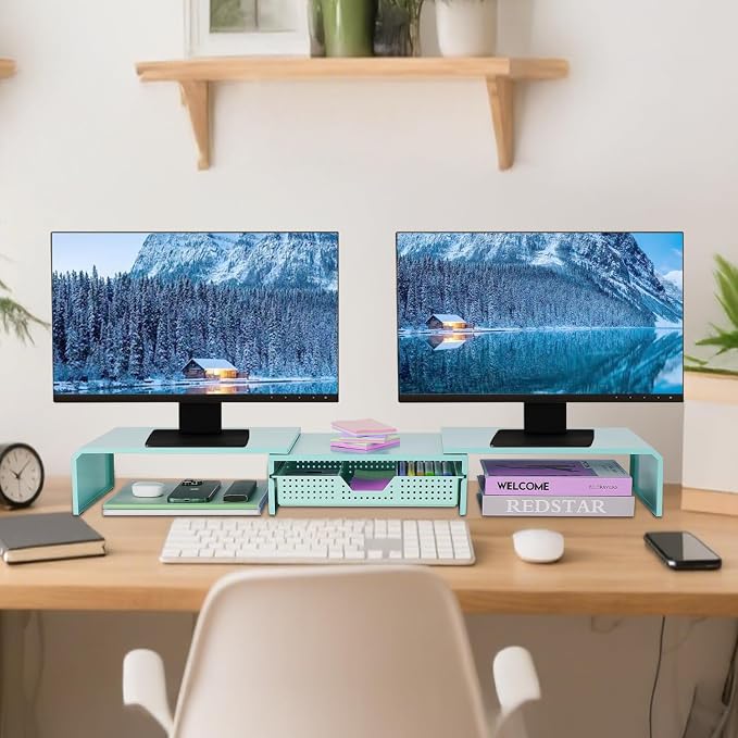 Dual Monitor Stand Riser with Drawer, Desk Organizer and Accessories, Metal - Image 3